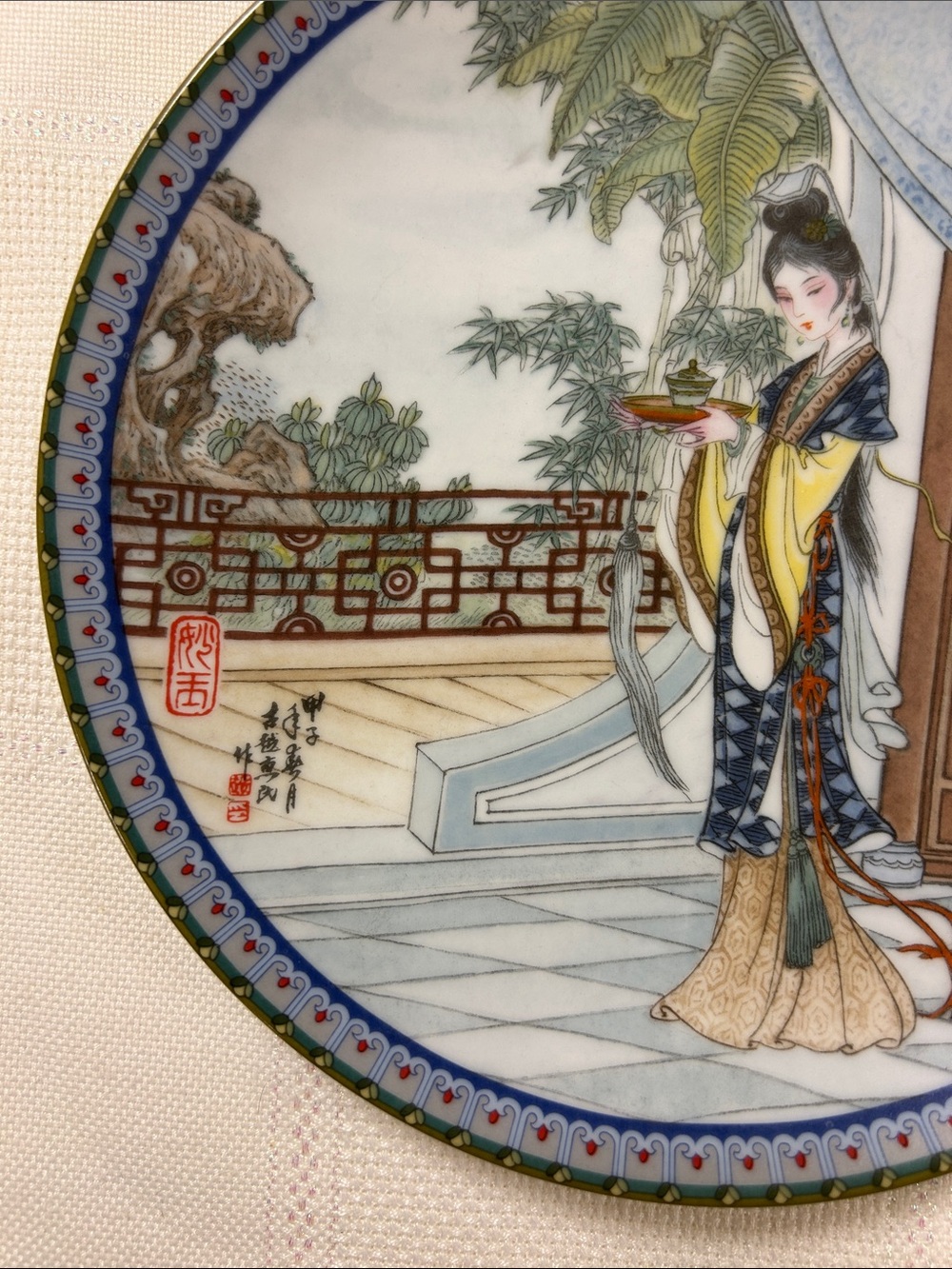 Decorative Porcelain Plate with Traditional Lady Motif in Blue Yellow Miao-yu image 3